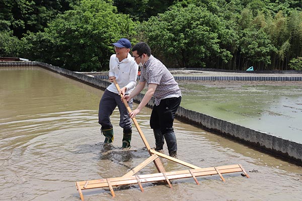 参加者と学生が一緒に線引きをする様子